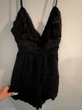 Black Crochet Lace V-Neck Romper - Women Jumpsuit